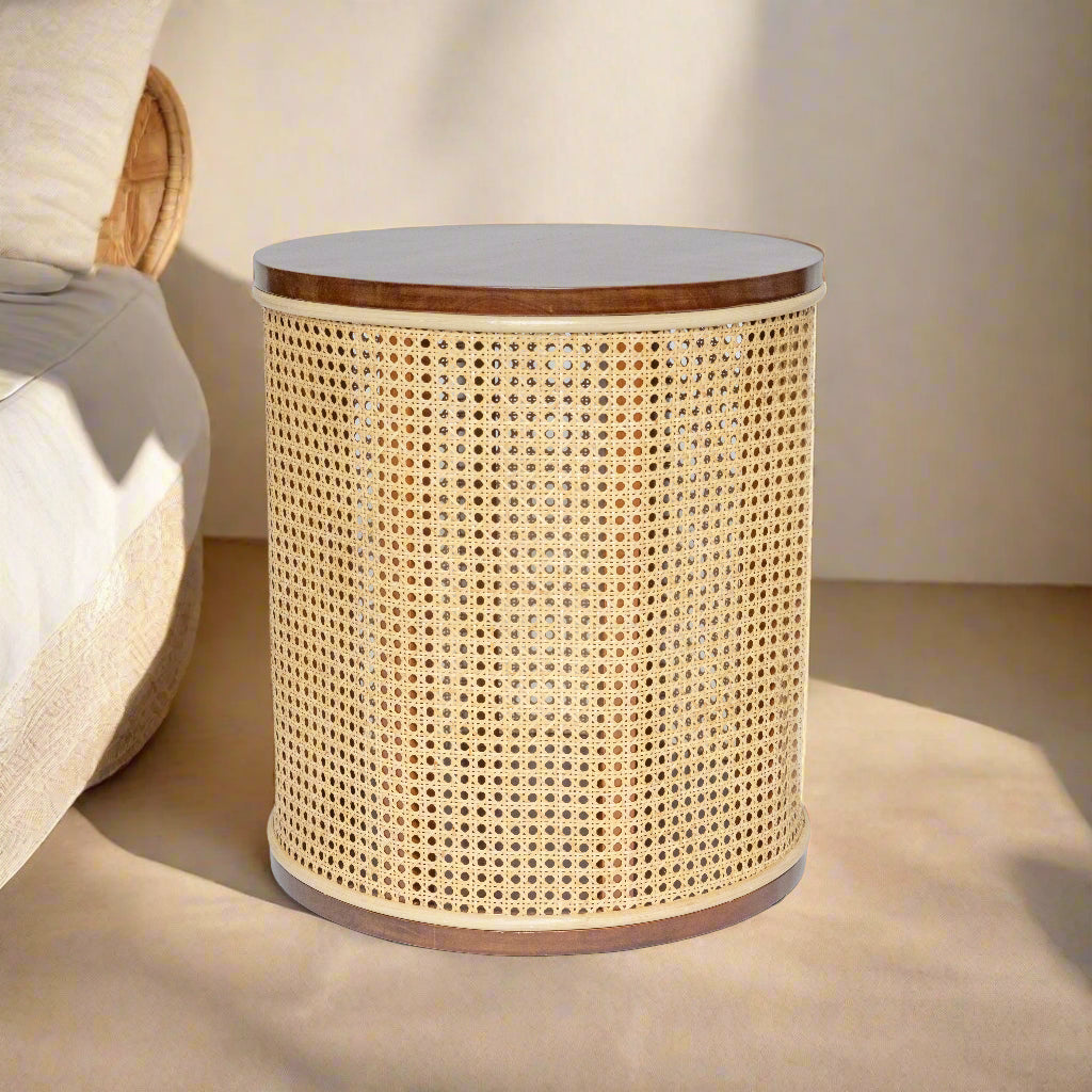 INDIE Wood and Woven Rattan Side Table