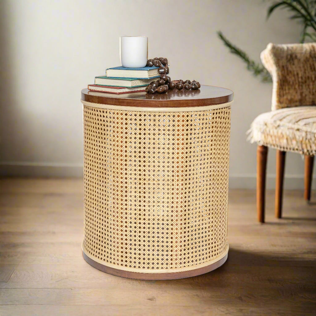 INDIE Wood and Woven Rattan Side Table