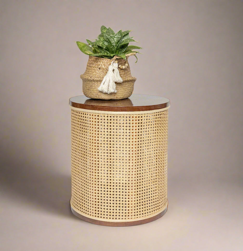 INDIE Wood and Woven Rattan Side Table